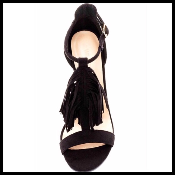 BLACK ANKLE STRAP HIGH HEELS BOHO FRINGE SANDALS - Picture 6 of 8